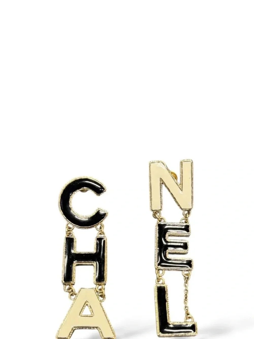 Chanel CC Enamel Logo Letter Drop Earrings Gold